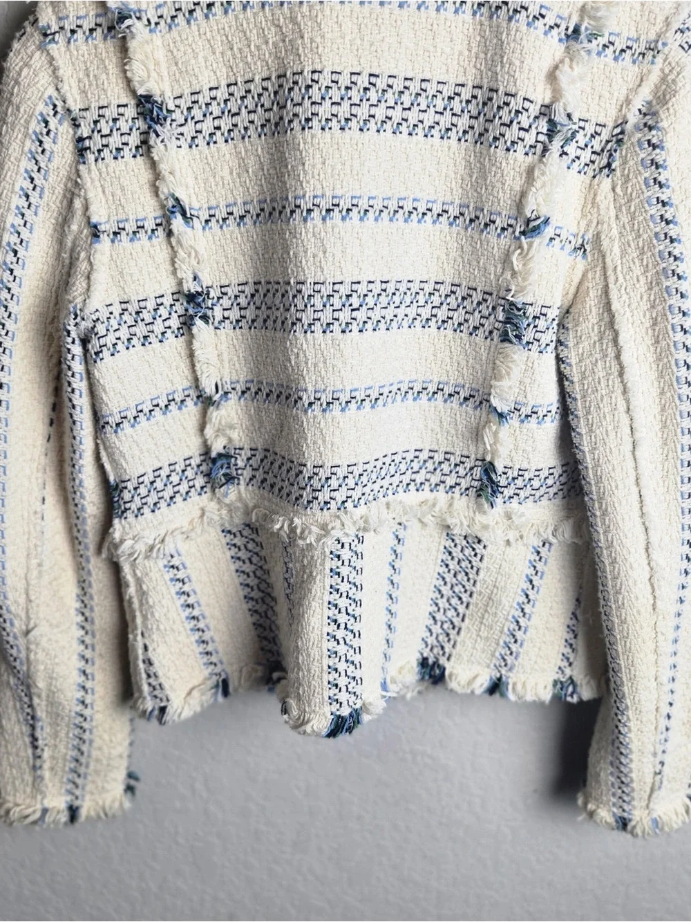 Tory Burch Abbott Jacket 2 Ivory Blue Striped Tweed Fringe Embellished Blazer